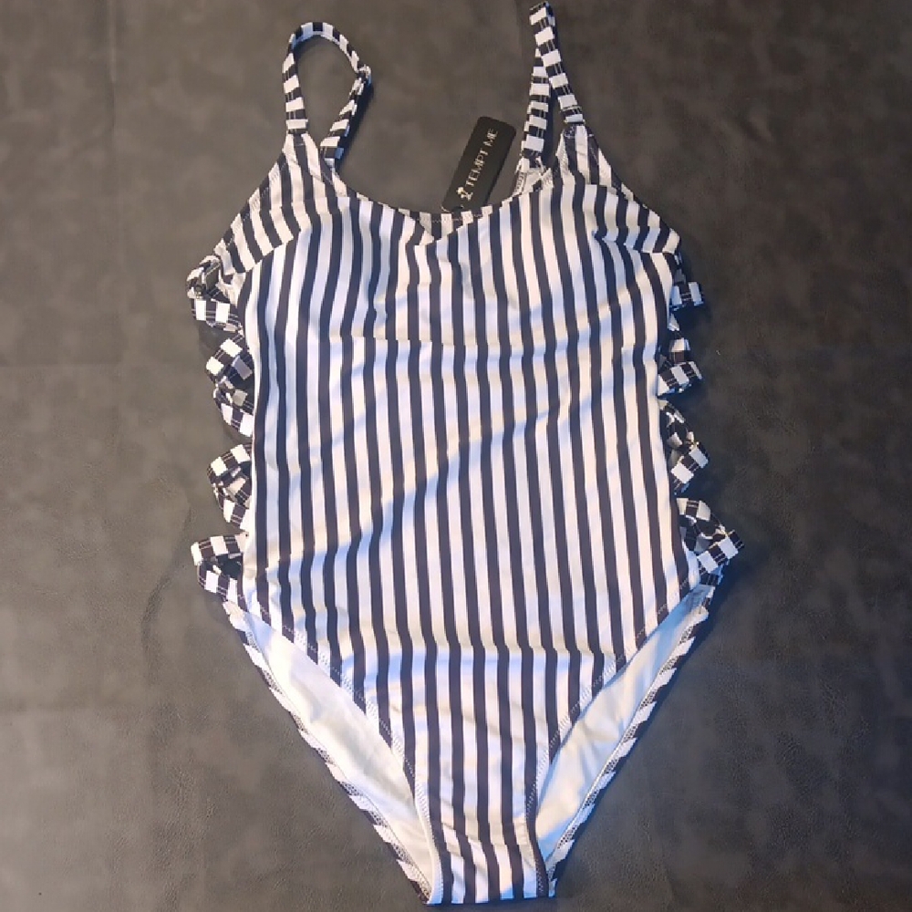 NWT. Tempt Me Balck And White Striped One-Piece Swimsuit With Sexy Side Lace-up - Picture 5 of 11